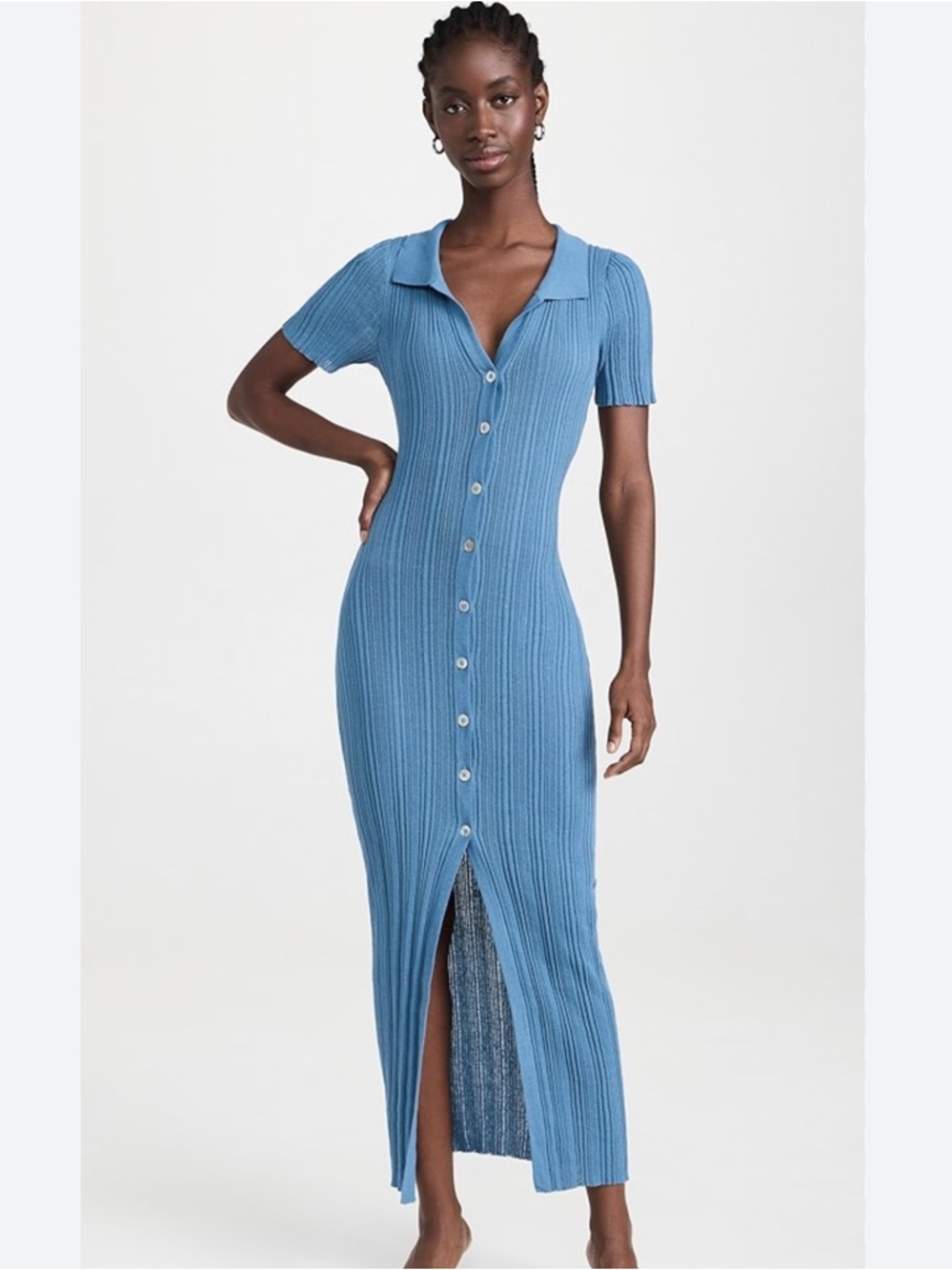 L*Space Undertow Ribbed Button-Front Maxi Dress in Blue
